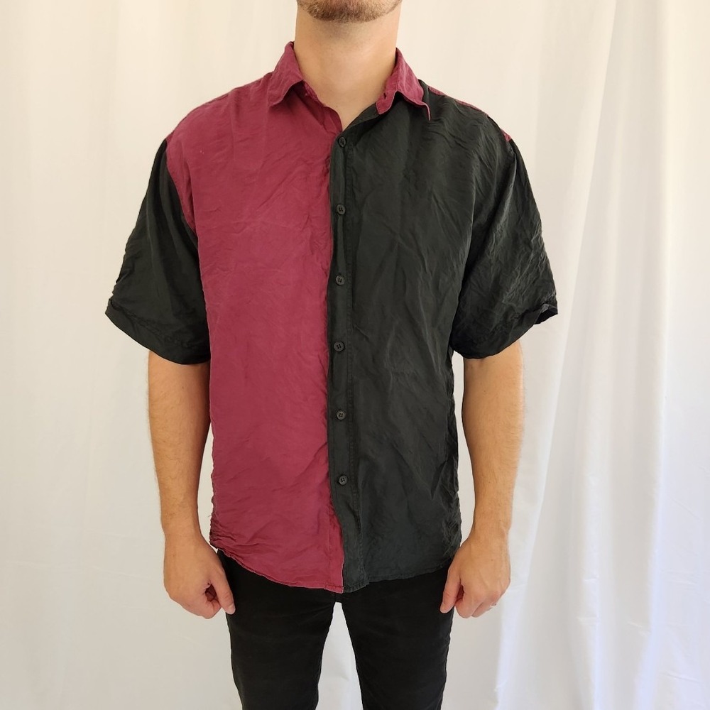 90s Black and Maroon Oversize Silk Button Down